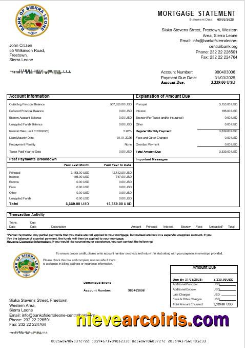 Sierra Leone Bank of Sierra Leone bank mortgage statement